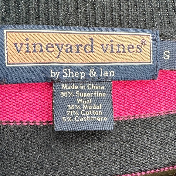 Vineyard Vines S Striped V-Neck Preppy CASHMERE Blend Pink Navy Henley Sweater - Picture 5 of 12